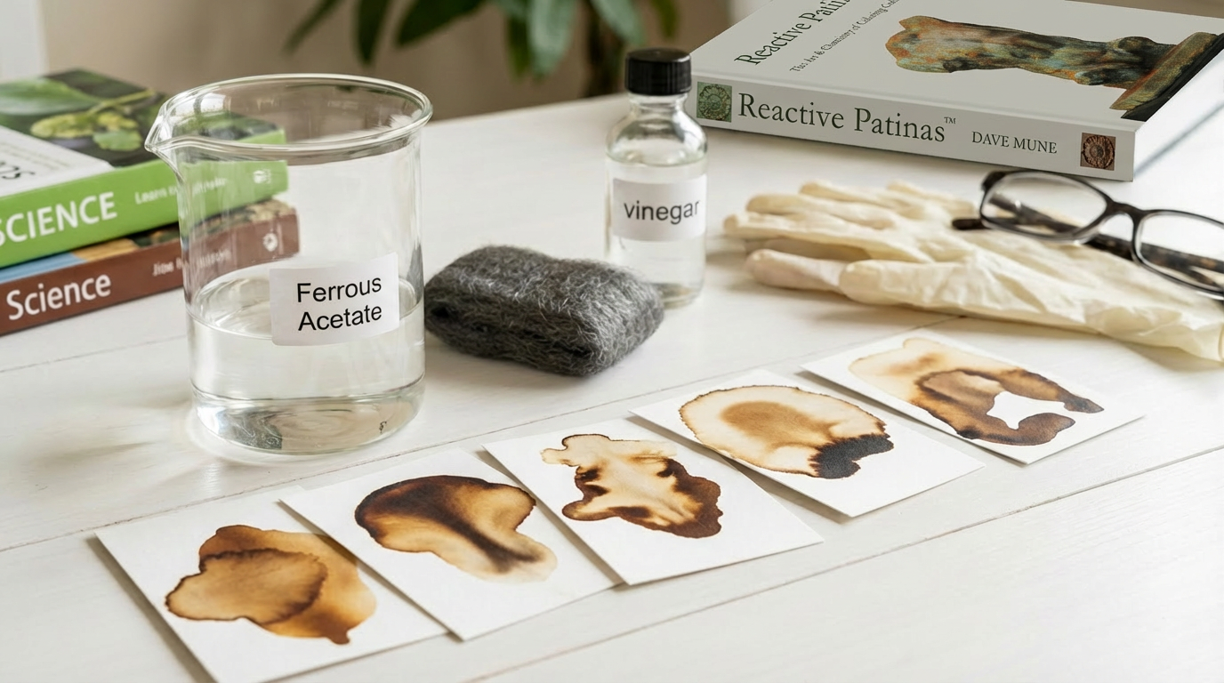 Reactive Surface Experiments — lab scene with ferrous acetate, reactive paper cards, steel wool and vinegar